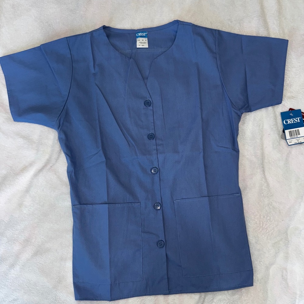 Crest Women Ceil Blue Button Front Scrub Top Short Sleeve Elastic Back Size M